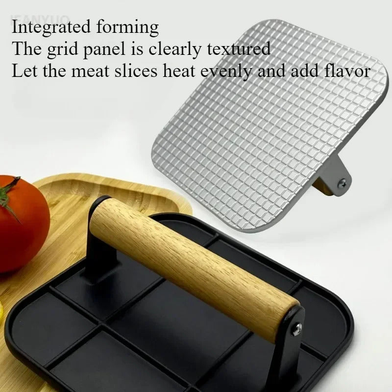 Cast Iron Burger Press Outdoor Non Stick Aluminum Alloy Rotundity Hand Meat Burger Press with Wooden Handle for Home Kitchen BBQ
