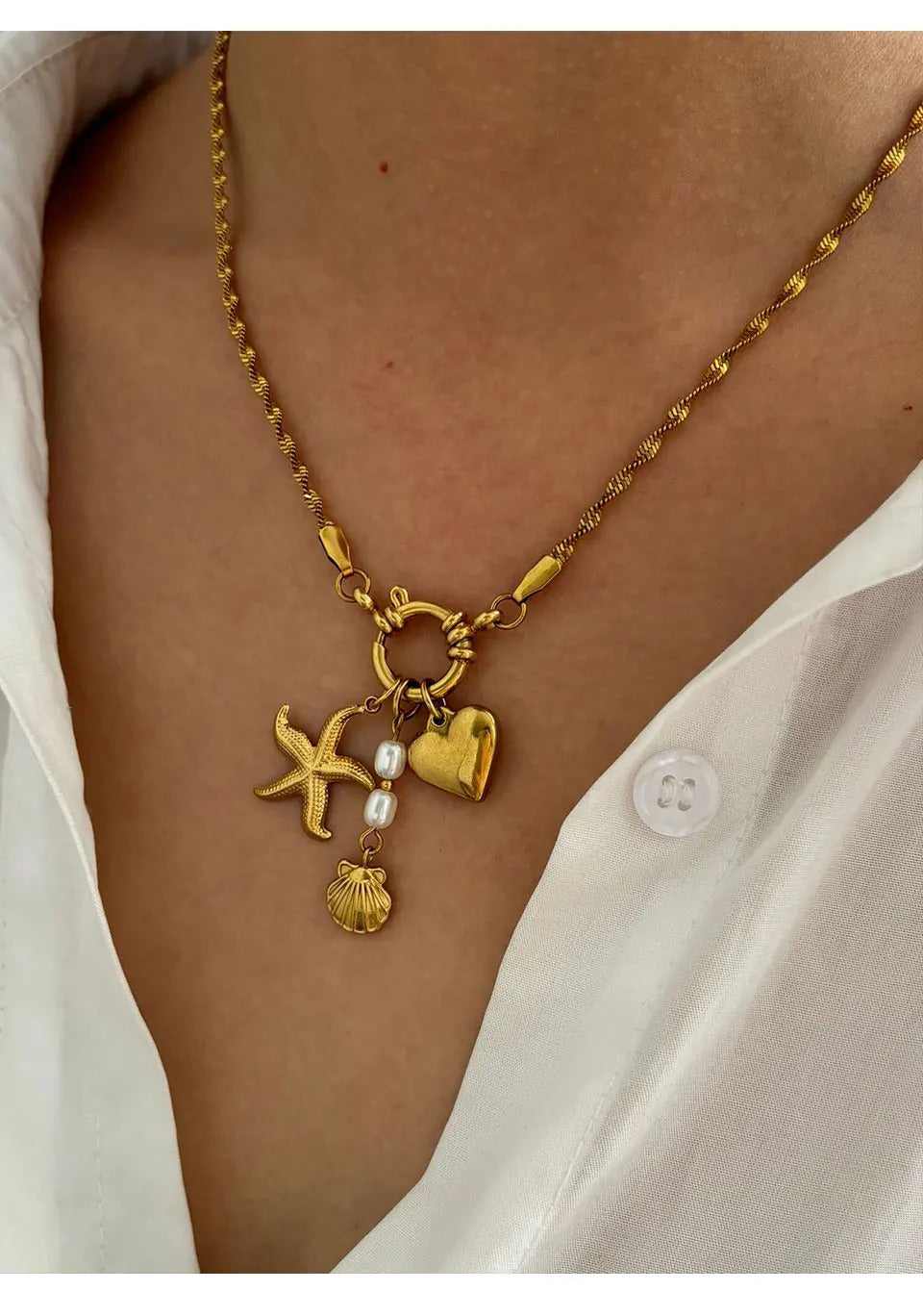 Peri'sbox Stainless Steel Chunky Heart Starfish Shell Pendant Necklace for Women Imitation Pearl Flat Snake Chain Trendy Jewelry