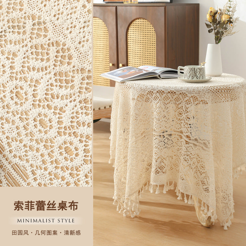 American Pastoral Cotton Woven Tablecloth Lace Hollow Crochet Tassel Dining Tablecloth French Cover Cloth Vintage Ins Tablecloth