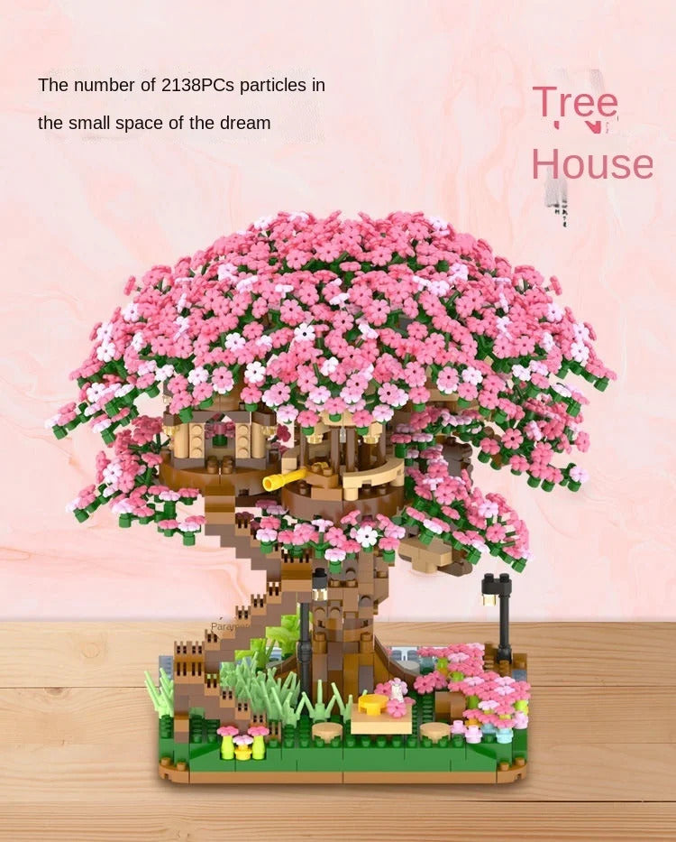 Mini Sakura Tree Building Blocks Set Diy Cherry Blossom Bricks with Light Treehouse Model Ornament Romantic Gift for Girlfriend