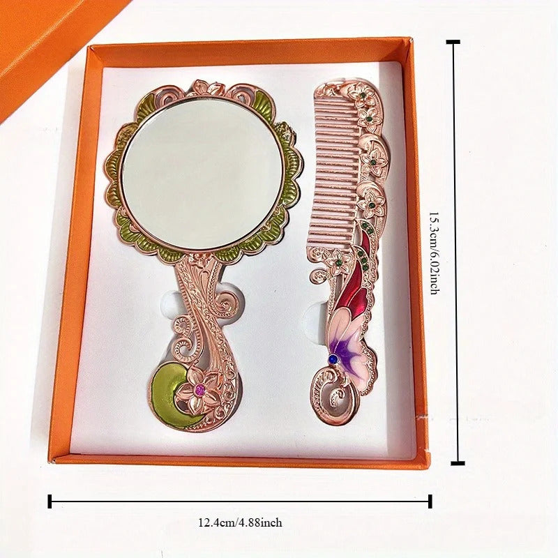 Europe Large Peacock Pattern Metal Carry Folding Makeup Mirror With Comb Hand Hold Cosmetic Mirror With Handle For Gifts