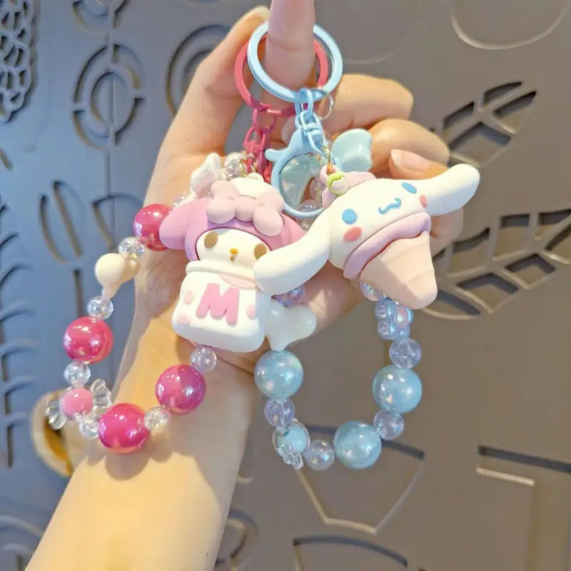 Sanrio Beaded Keychain Hello Kitty Cinnamoroll Kuromi Cute Cartoon Doll Pendant Phone Chain Keychains Bag Pendant Accessories