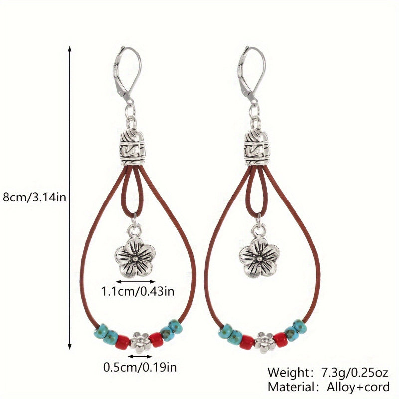 Ethnic Bohemian Style Leather Rope Flower Earrings Flower-shaped Jade Earrings Beaded Elegant Niche Simple Female