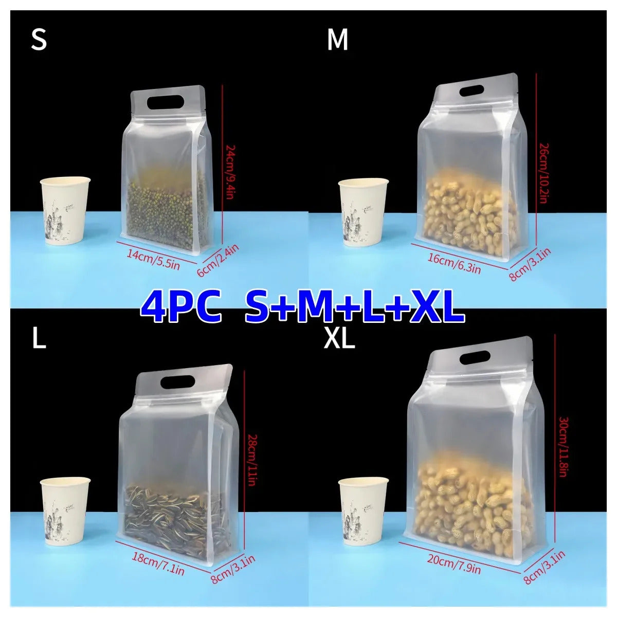 4PC PET Food Storage Bag Stand Up Zip Shut Bags Reusable Ziplock Saran Wrap Plastic Bags Leakproof Food Fresh-keeping Packaging