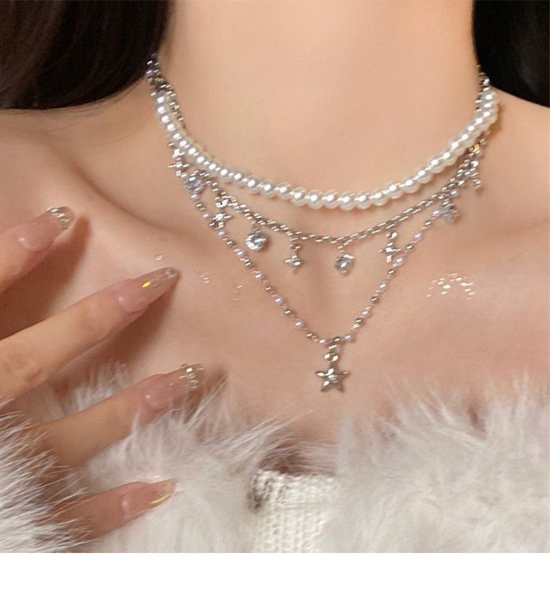 Iterative Five-pointed Star Pendant Pearl Necklace Cold Style Light Luxury Spice Clavicle Chain