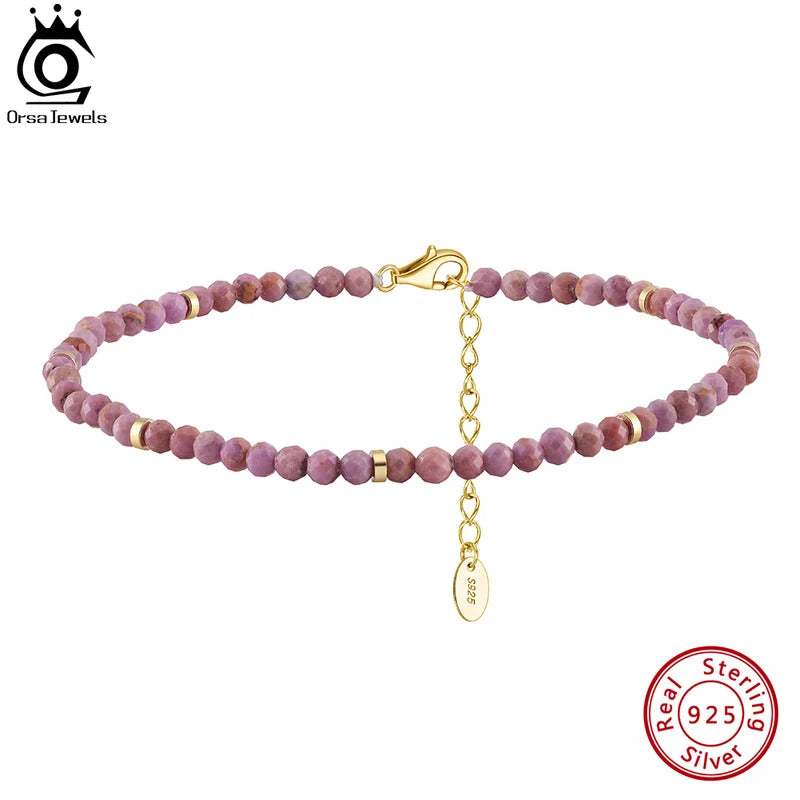 ORSA JEWELS 925 Silver Purple Mica Stone Beads Anklet Light Luxury High Quality Stone Foot Chian Delicate Anklet Jewelry SA90