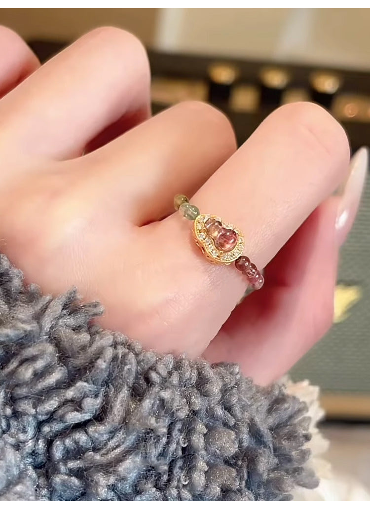 Natural Color Tourmaline Gourd Ring for Women, Niche Design, Non-Fading Crystal Ring, Light Luxury High-End Feel Hand Jewelry