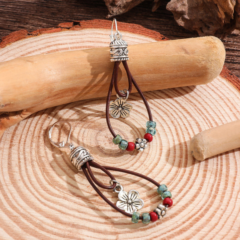 Ethnic Bohemian Style Leather Rope Flower Earrings Flower-shaped Jade Earrings Beaded Elegant Niche Simple Female