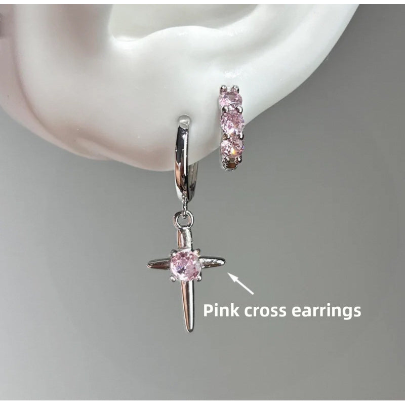 Sweet Cool Style Super Shiny Cross Earrings Cool Korean Sweet Temperament Double Ear Hole Ear Jewelry