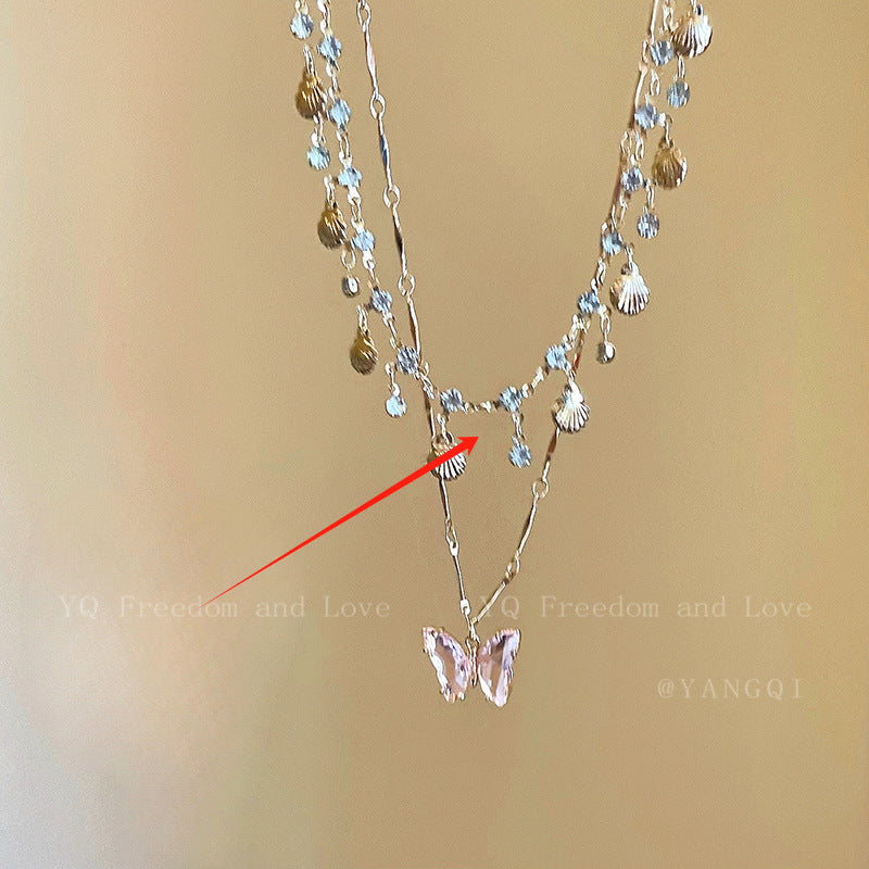 Blue Butterfly Double Tassel Necklace Summer Cool Necklace Accessories Female Niche Clavicle Chain