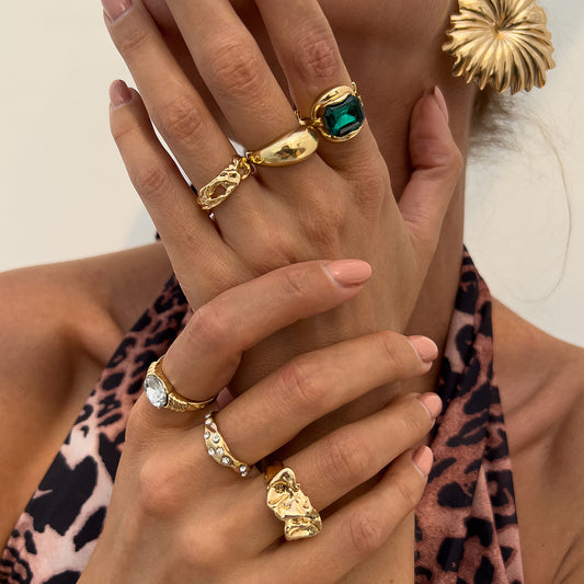 Fashionable Hollow Inlaid Irregular Ring Vintage Alloy Wrinkled Ring Set