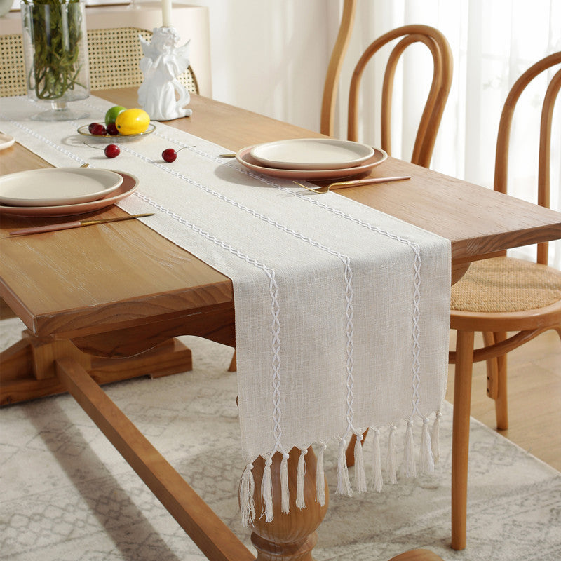 Cross-Border Trade Supply American Style Table Runner Cotton Linen Tablecloth Handmade Tassel Coffee Table Mat Home Long Table Decoration Cloth