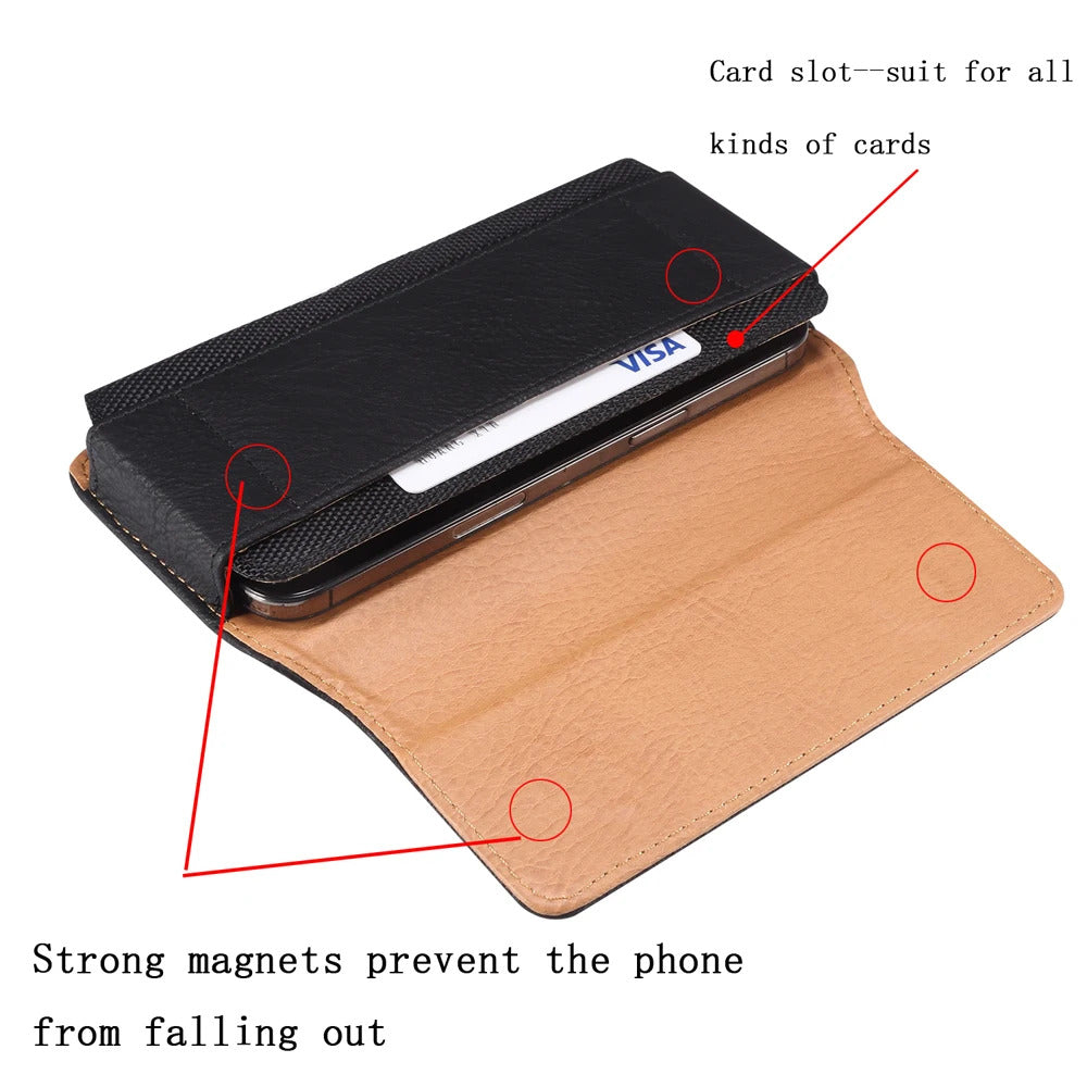 Universal Leather Mobile Phone Waist Bag For iPhone 15 14 13 12 Pro Max Samsung Huawei Xiaomi Men Belt Clip Cover With Card Slot