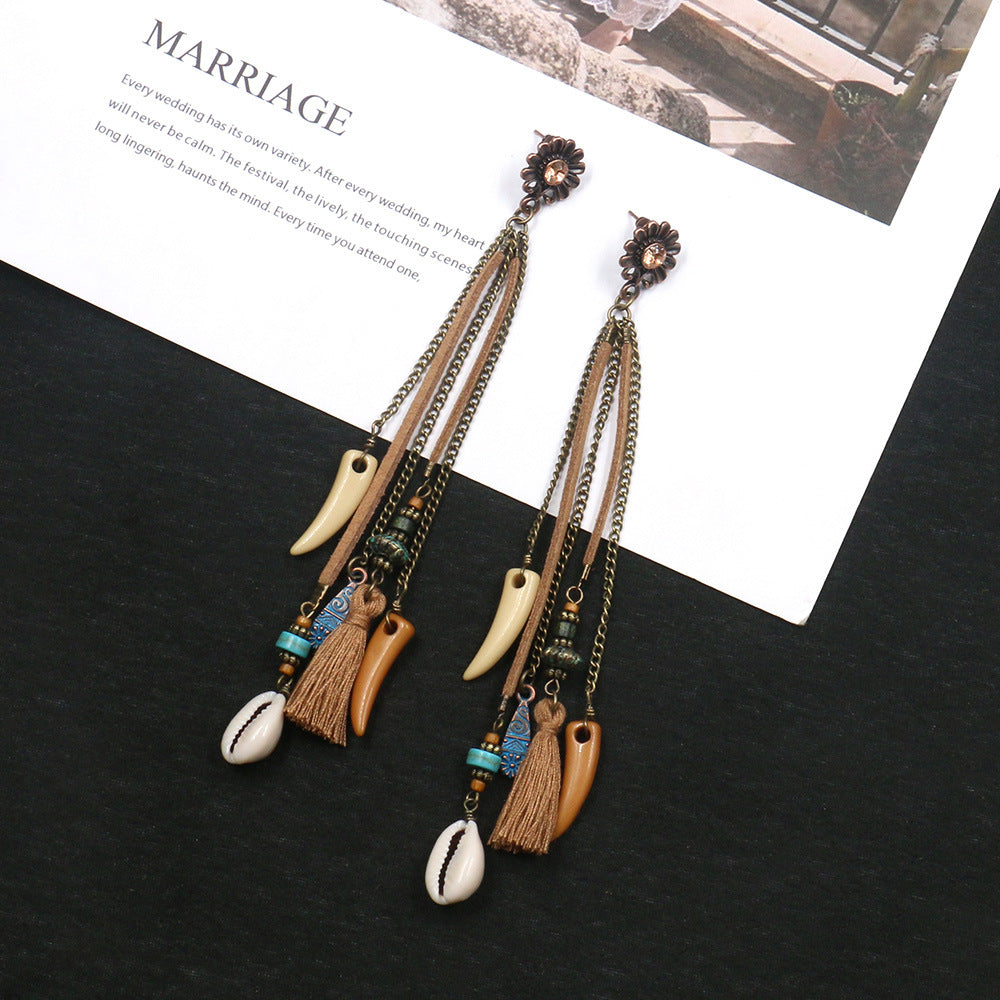 Earrings Bohemian Hair Long Tassel Shell Horn Sunflower Earrings