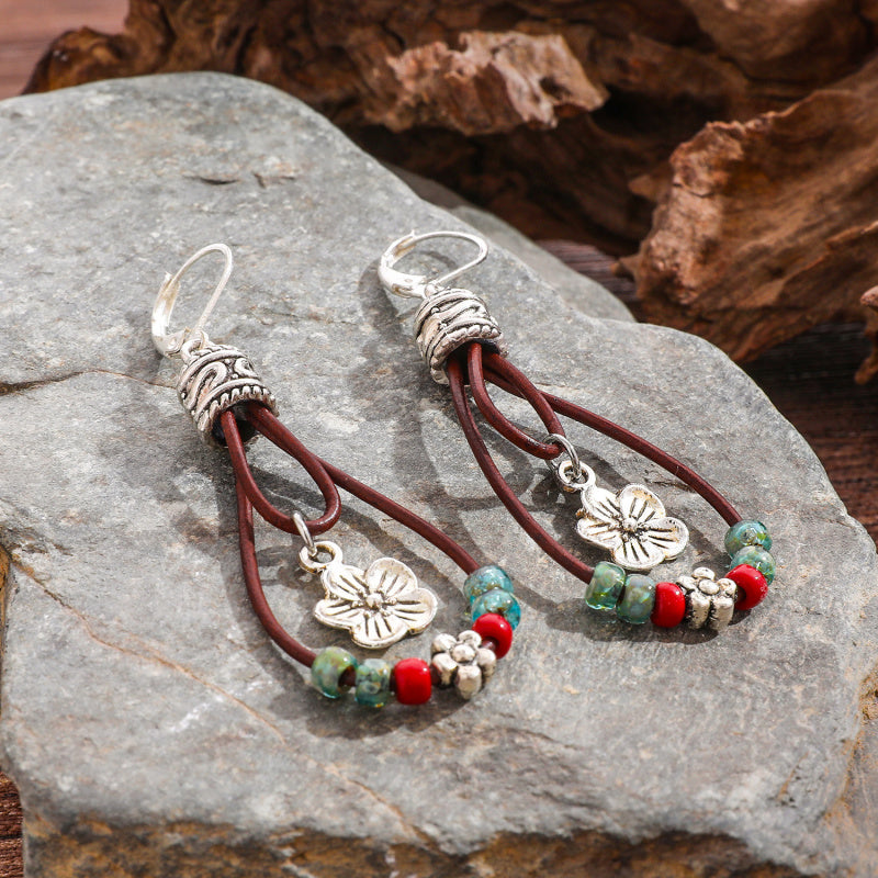 Ethnic Bohemian Style Leather Rope Flower Earrings Flower-shaped Jade Earrings Beaded Elegant Niche Simple Female