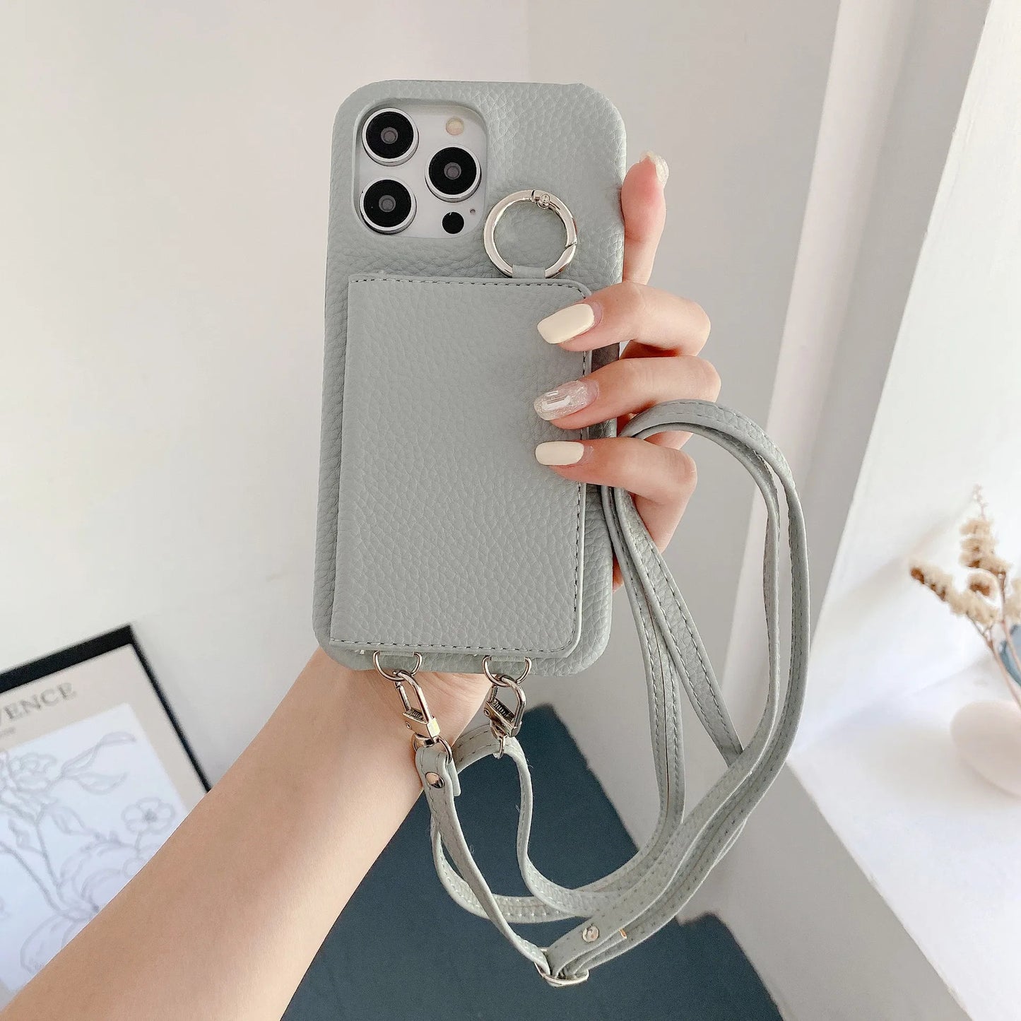 Ring Holder Mirror Card Slot Case For iPhone 13 12 Mini 16E 16 15 14 11 Pro XS Max 8 Plus Crossbody Wallet Lanyard Leather Cover