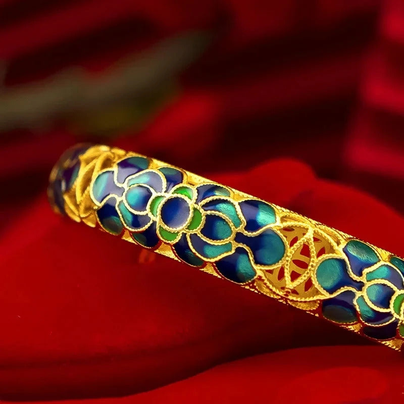 Chinese style wedding jewelry exquisite antique gold craftsred Lotus Flower bangles enamel retro charms bracelet for women