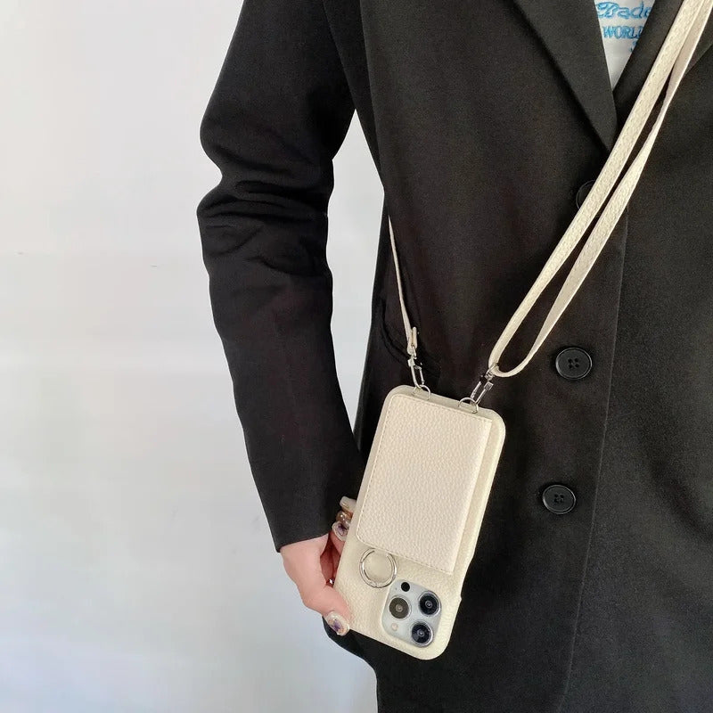 Ring Holder Mirror Card Slot Case For iPhone 13 12 Mini 16E 16 15 14 11 Pro XS Max 8 Plus Crossbody Wallet Lanyard Leather Cover