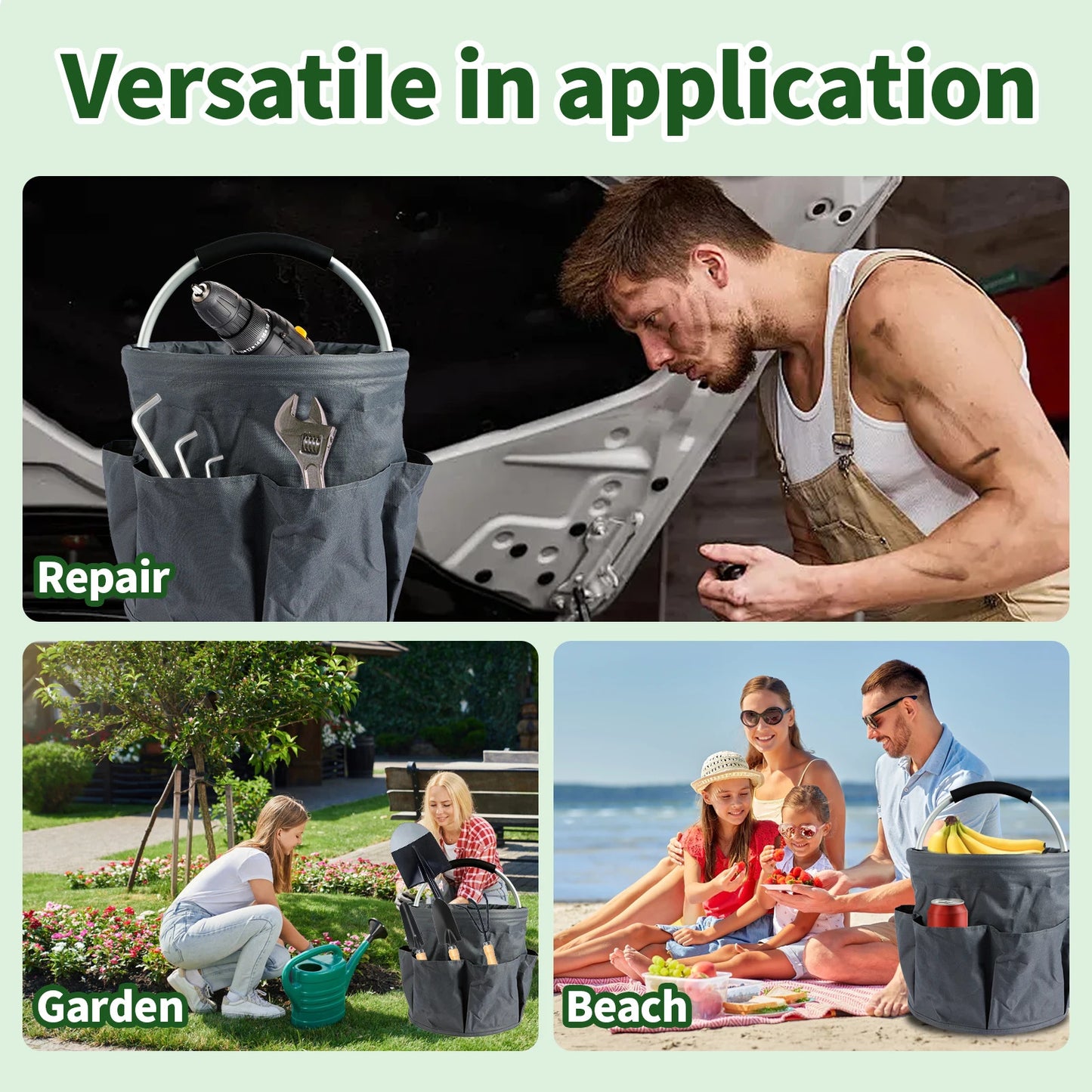 17L Hand Storage Basket Folding Garden Tool Basket Portable Picnic Basket Large Capacity Multifunctional Wash Bag with 6 Pockets