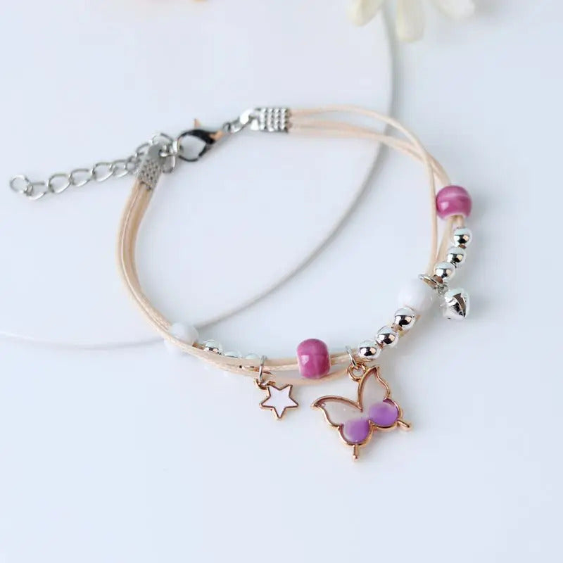 Kpop Cute Colorful Butterfly Bracelet for Women Girl Fashion Hand-woven Star Bell Beads Flower Pendant Bracelet Sister's Jewelry