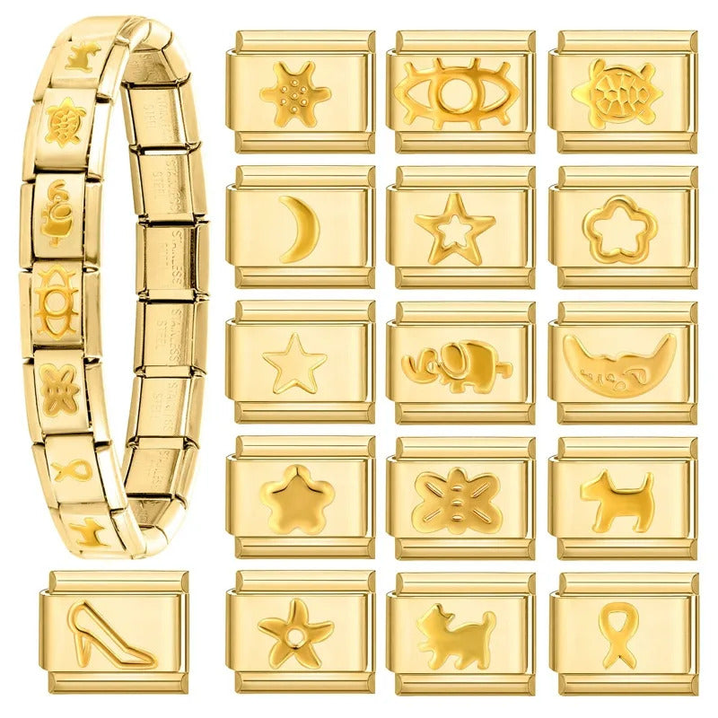 Fashion Pet Heart Flowers Sun Moon Zircon Gold Color Italian Charm Links Stainless Steel Fit 9mm Bracelet Jewelry DIY Making