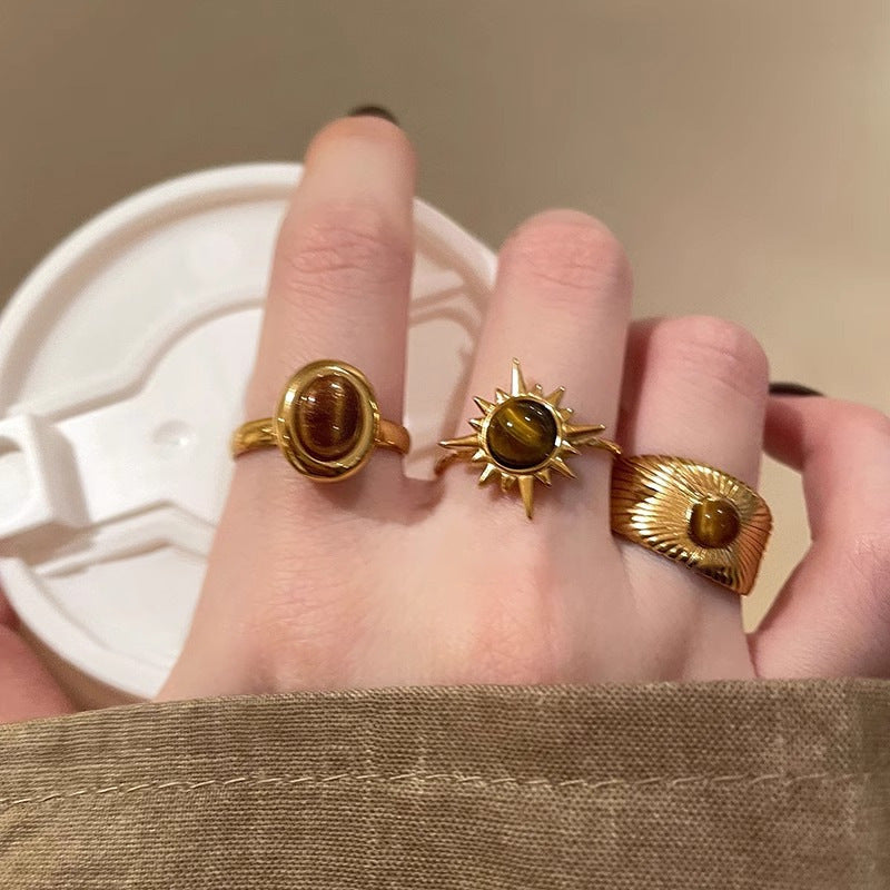 Golden Sunflower Tiger Eye Ring Women's High-grade Sense Ring Niche Design Unique Ring