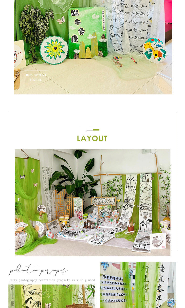 New Chinese Style Green Voile Kindergarten Environment Creation Ink Painting Ancient Style Classroom Ancient Style Scene Layout Background Wall Decoration