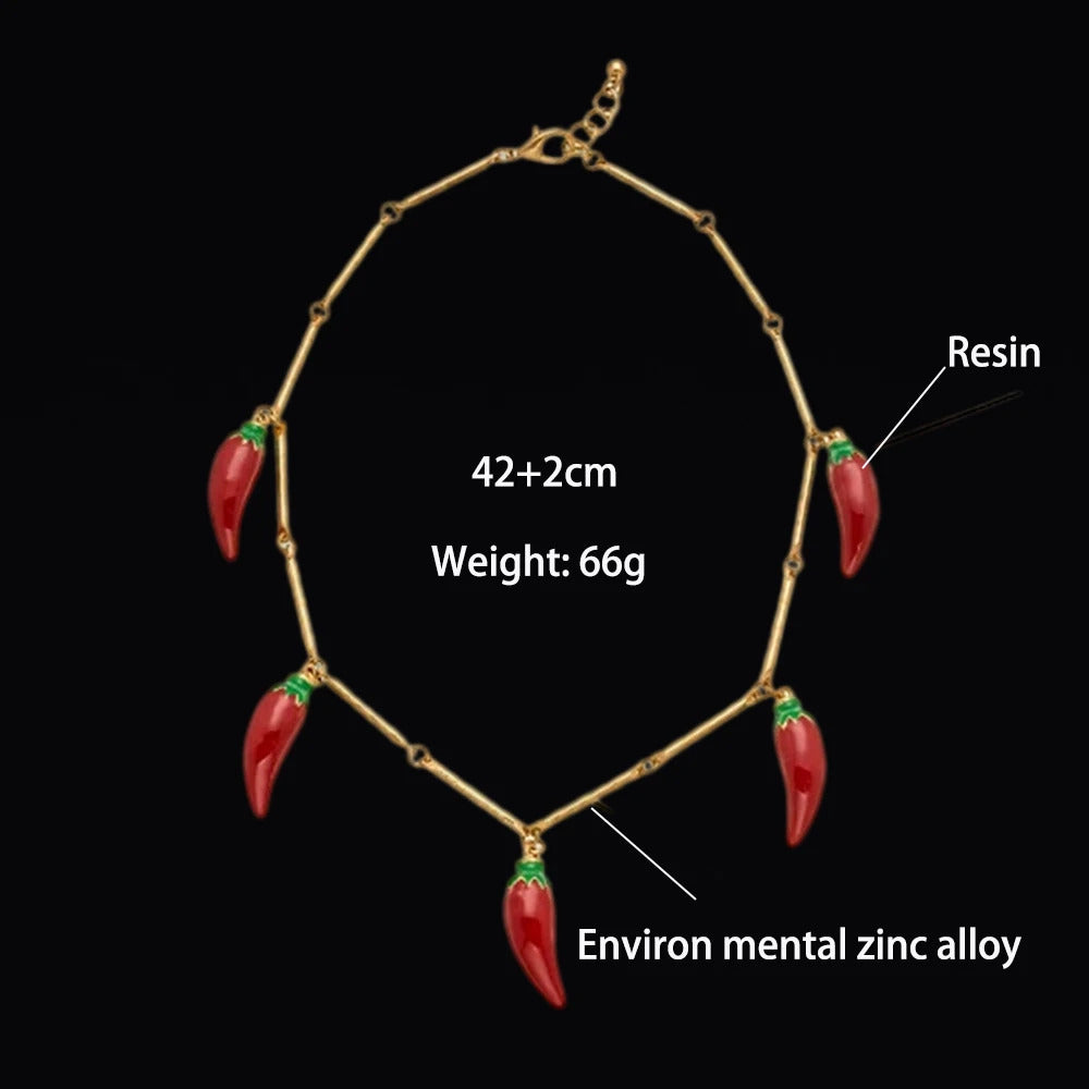 Fashion Trends Red Chilli Tassels Pendant Necklace Vegetable Adjustable Jewelry Banquet Party for Women Gifts