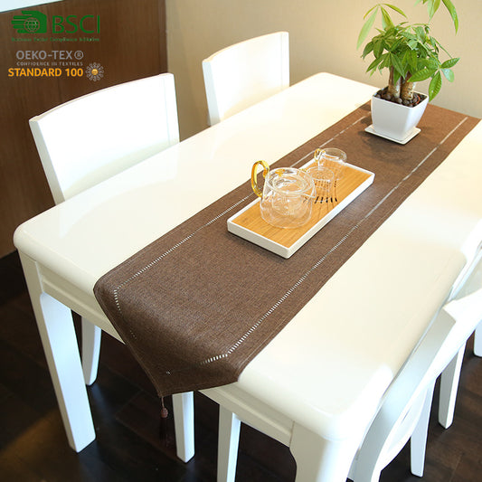 Cross-Border Tassel Hollow-out Tassel Imitation Linen Table Runner Pure Color Coffee Table TV Cabinet Boxer Eyelet Tablecloth Cover Cloth Bed Runner