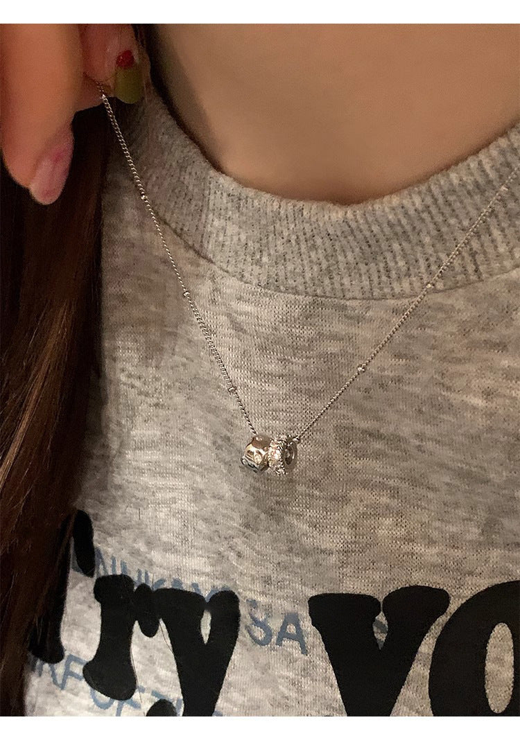 S925 Sterling Silver Double Ring Zircon Necklace Women's Light Luxury Double Ring Niche Clavicle Chain High-grade Sense Woolen Chain New Style