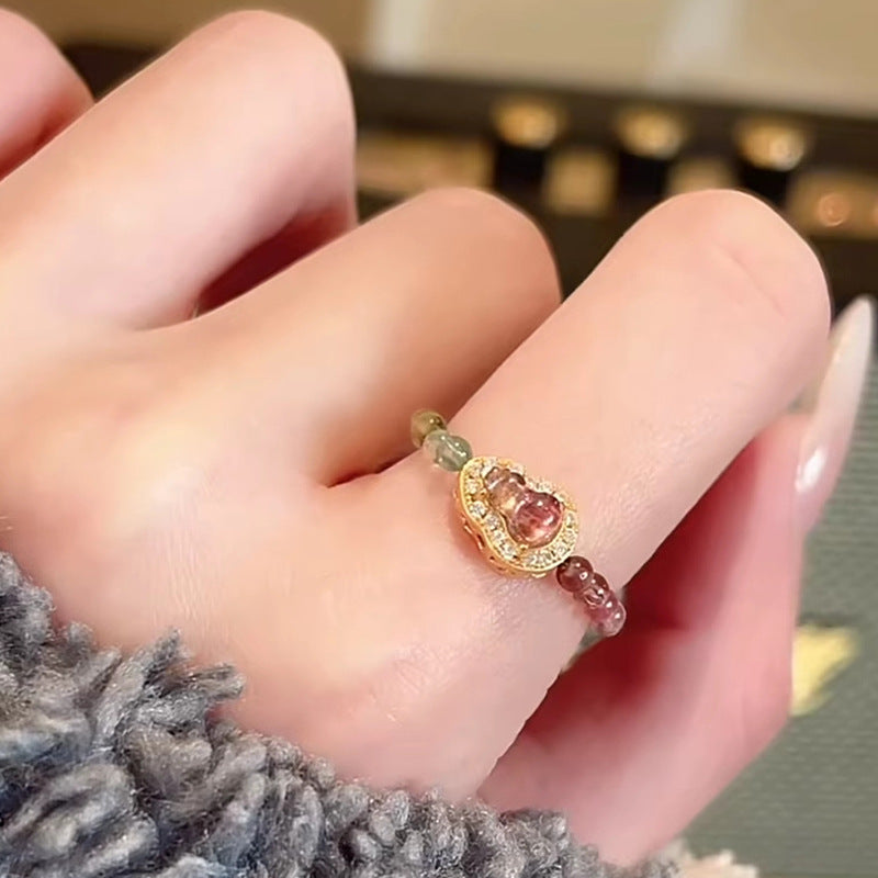 Natural Color Tourmaline Gourd Ring for Women, Niche Design, Non-Fading Crystal Ring, Light Luxury High-End Feel Hand Jewelry
