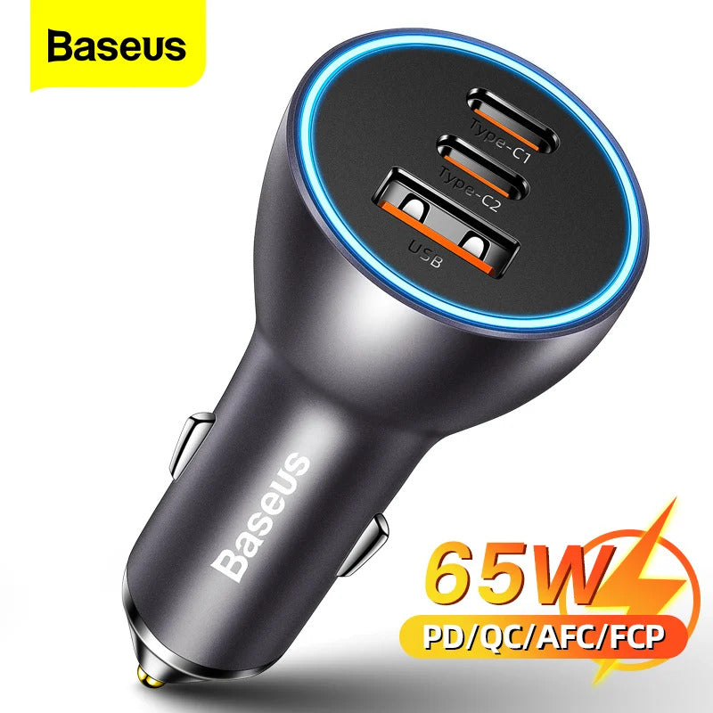 Baseus 65W Car Charger USB Type C Quick Charge 4.0 QC 3.0 PD Fast Charging For iPhone 13 Xiaomi Samsung Huawei USB C Car Charger