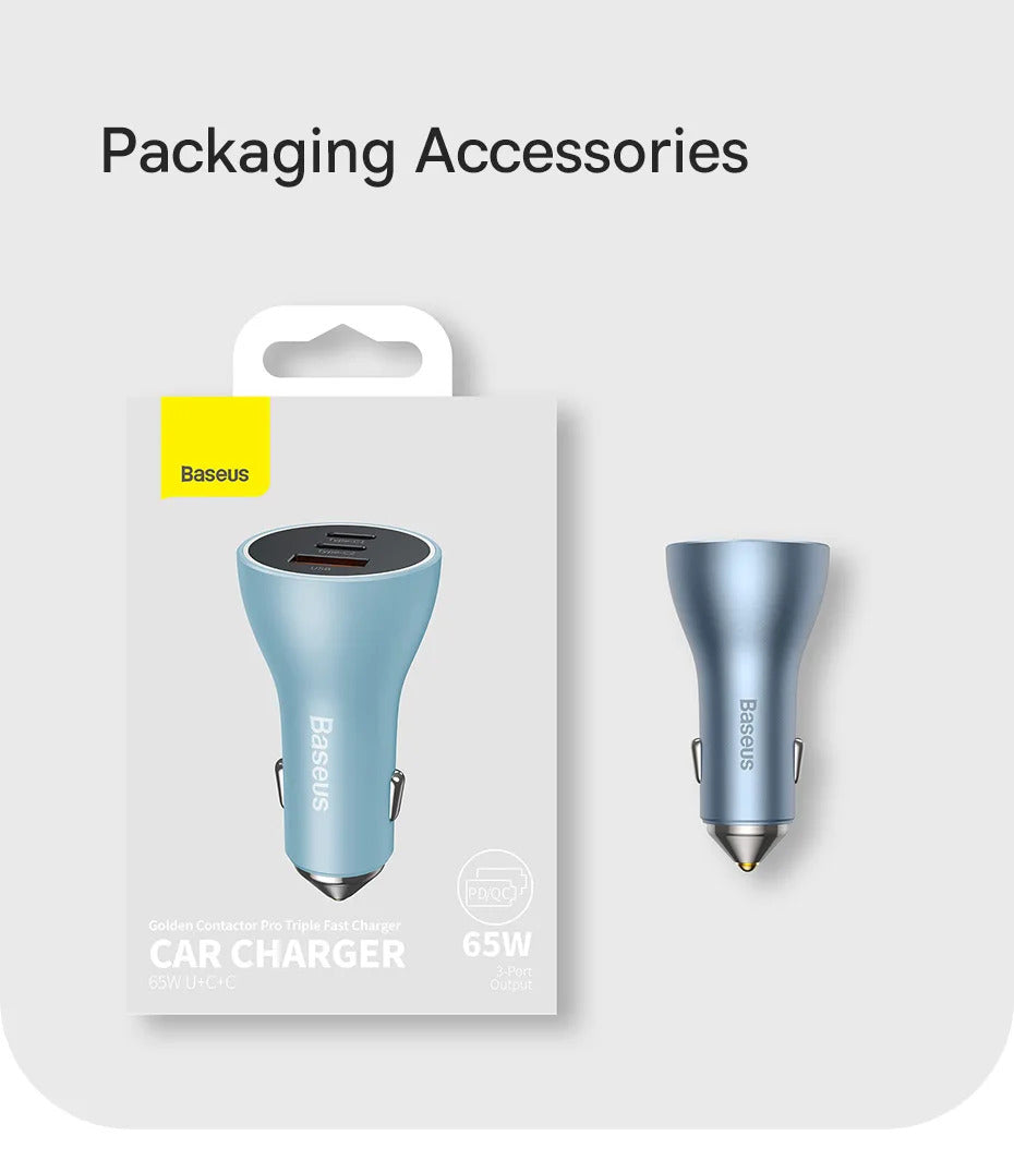 Baseus 65W Car Charger USB Type C Quick Charge 4.0 QC 3.0 PD Fast Charging For iPhone 13 Xiaomi Samsung Huawei USB C Car Charger