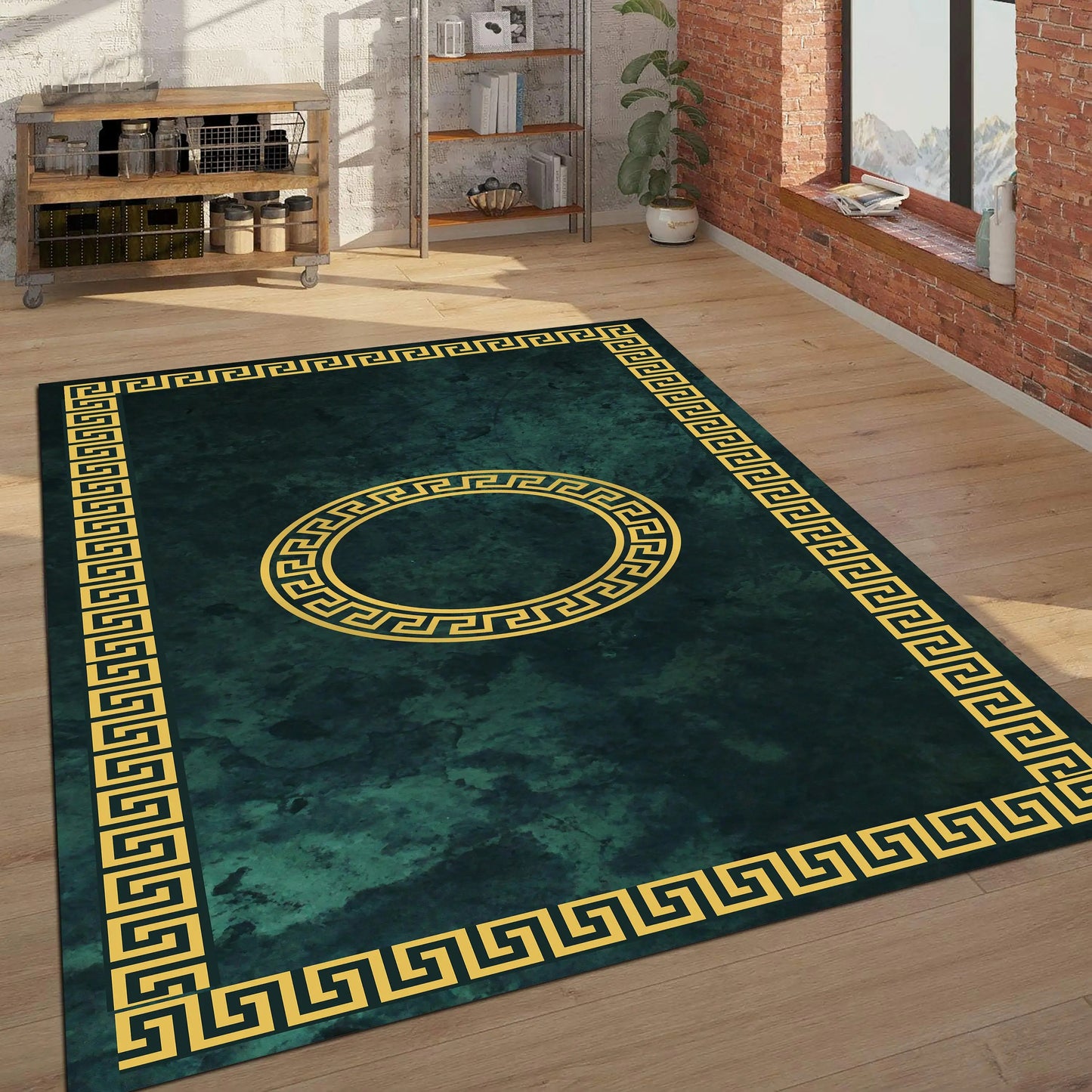 Green and Gold Ancient Greek Wave Rug Greek Mythology Modern Light Luxury Rug Printed Carpet Home Decor Living Room Rug Area Rug