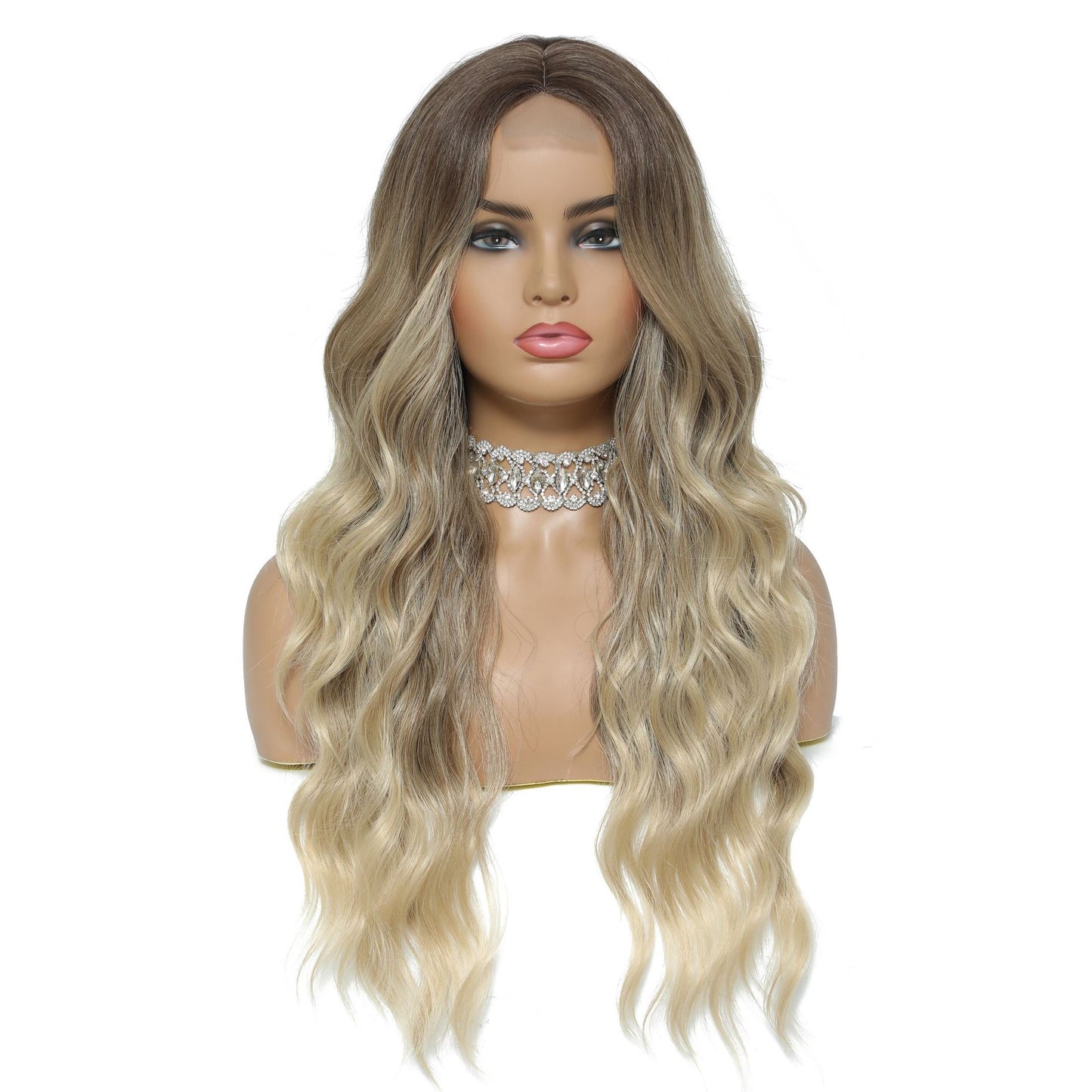 Xuchang European and American Style Wig for Women, Front Lace Wig, Middle Part, Small Lace, Highlighted Long Curly Hair, Synthetic Fiber Wig, Export Wigs