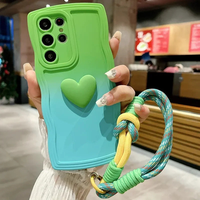 Love Heart Gradient Wrist Strap Case For Samsung Galaxy S25 Ultra S24 FE S23 S21 S20 S22 Plus Note 20 A55 A535 A25 A15 5G A05s