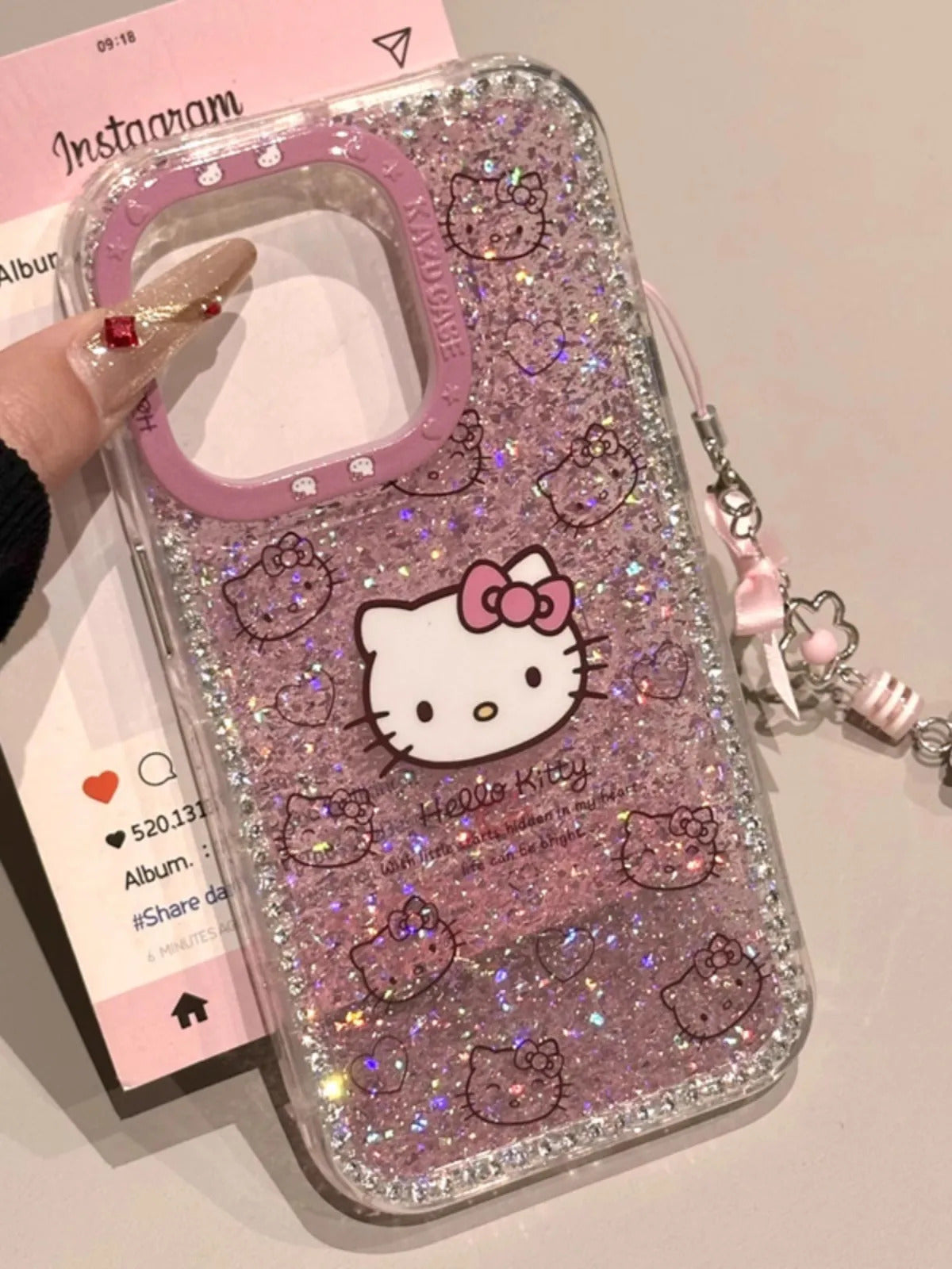 New Hello Kitty 3d Glitter Diamand Shell Case With Pendant For Iphone 16 15 14 13pro Max Plus Japan Korean Girl Soft Cover Gift