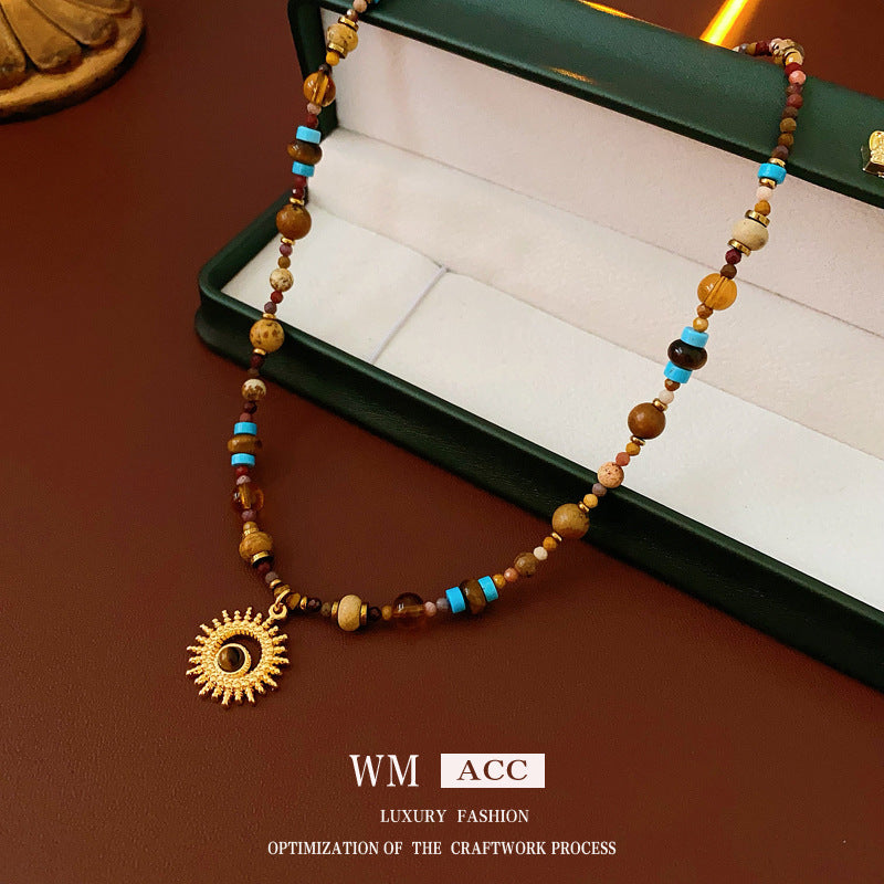 Titanium Steel Natural Stone Rice Bead Sun Necklace Retro Ethnic Style Niche Clavicle Chain Light Luxury High-end Fashion Jewelry