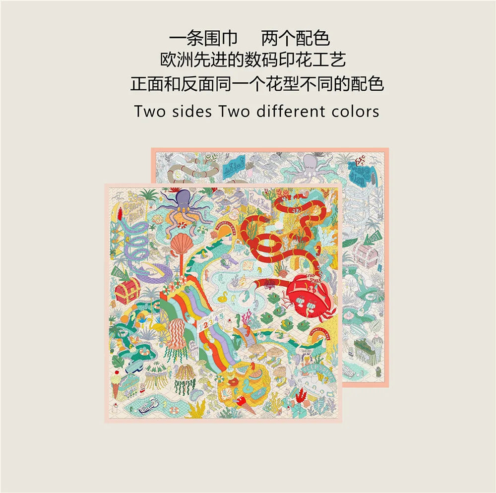 90Cm High-quality Twill Silk Double-sided Printing Submarine Playground Women's Large Square Scarf Scarf Chest Wrap Scarf