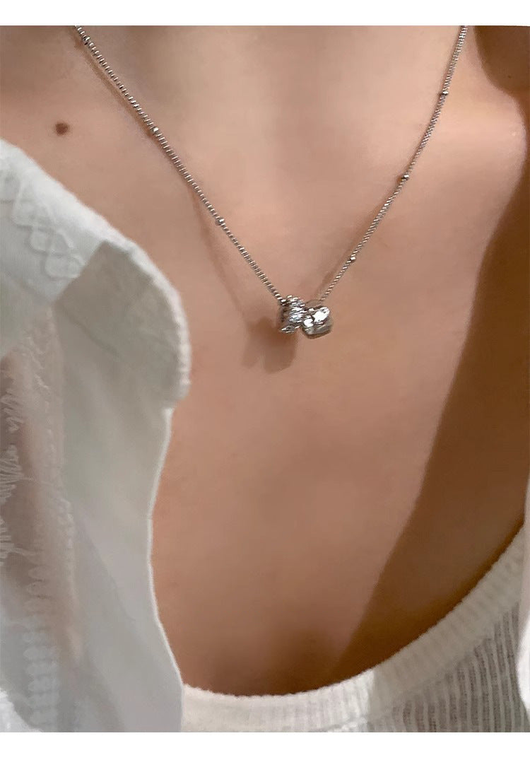 S925 Sterling Silver Double Ring Zircon Necklace Women's Light Luxury Double Ring Niche Clavicle Chain High-grade Sense Woolen Chain New Style