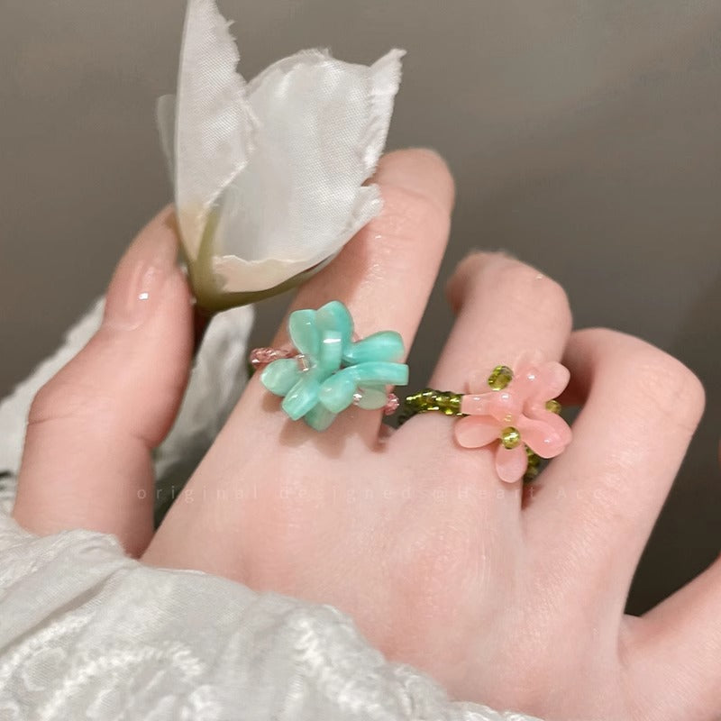 Violet Flower Elastic Beaded Ring for Women 2025 Spring Summer Korean Style Index Finger Ring Dopamine Bestie Layered Ring