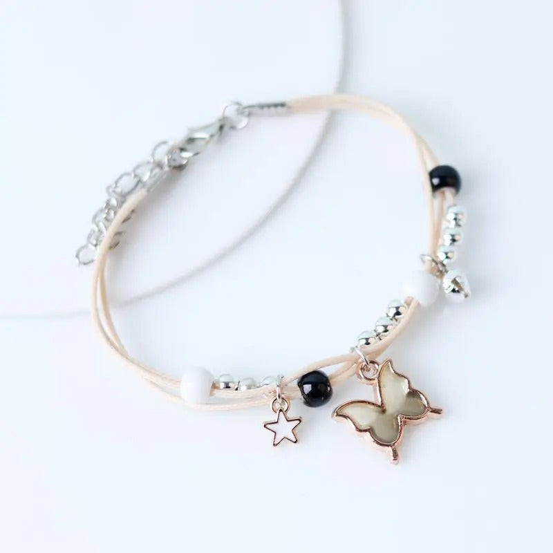 Kpop Cute Colorful Butterfly Bracelet for Women Girl Fashion Hand-woven Star Bell Beads Flower Pendant Bracelet Sister's Jewelry