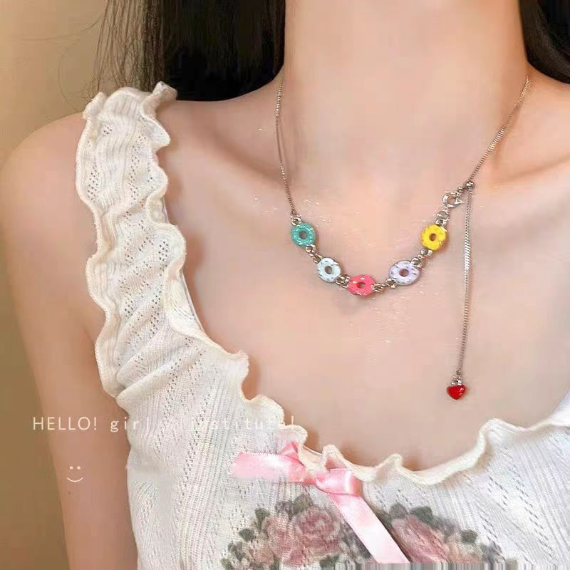 Candy-Colored Dopamine Necklace for Women All-Match Special-Interest Design Beaded Clavicle Chain Sweet Cool Hot Girl Necklace Online Influencer Jewelry