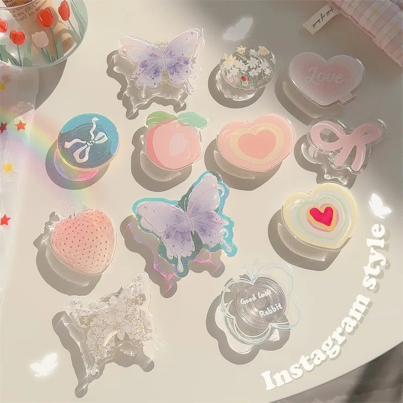 Girly Phone Stand Cute Strawberry Butterfly Boho Rainbow Heart Designs Adhesive Holder for Smartphones Samsung iPhone