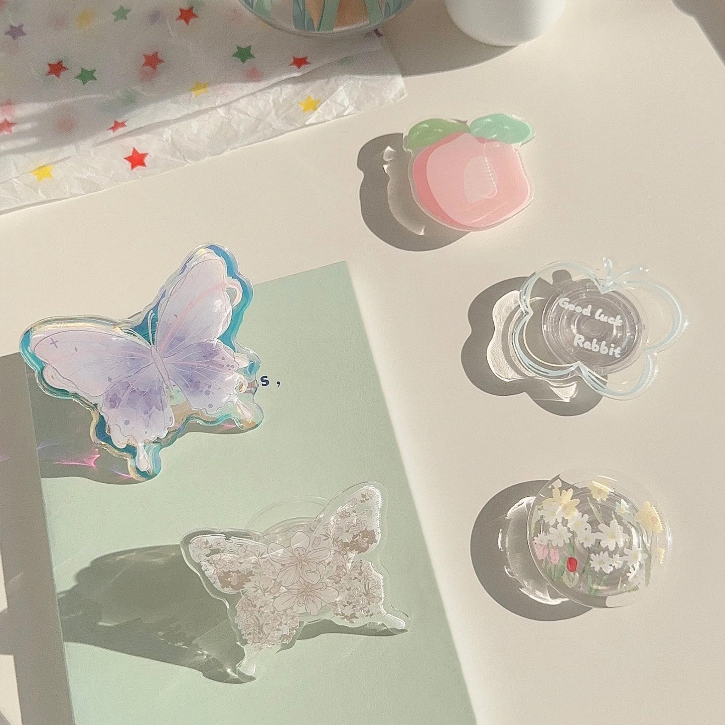 Girly Phone Stand Cute Strawberry Butterfly Boho Rainbow Heart Designs Adhesive Holder for Smartphones Samsung iPhone