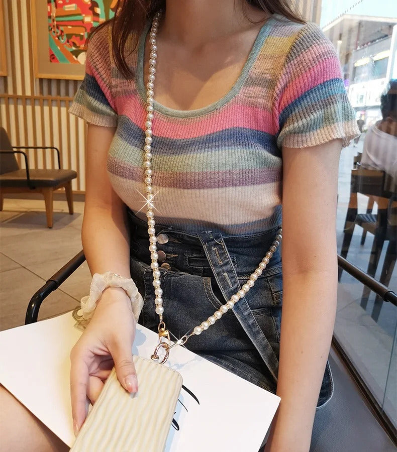 Universal Glitter Phone Lanyard Long Crossbody Necklace Chain Pearl Straps Keychain Anti-lost Sling with Patch for Phone Case