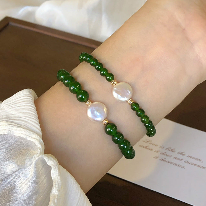 Green Agate Chalcedony Natural Pearl Bracelet Summer Women's High-end Niche New Chinese Style Bracelet Non-fading Jewelry