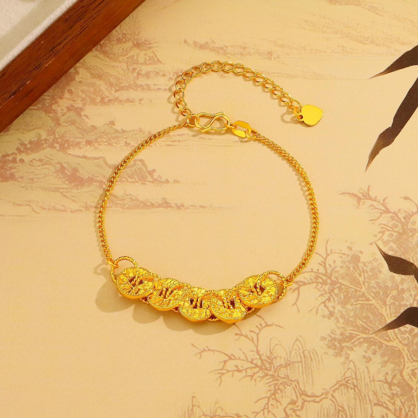 Crushed Ice Five Emperor Coins Bracelet for Women, Chinese Style Coin Design, Elegant and Versatile High-end Jewelry, Gift for Girlfriend