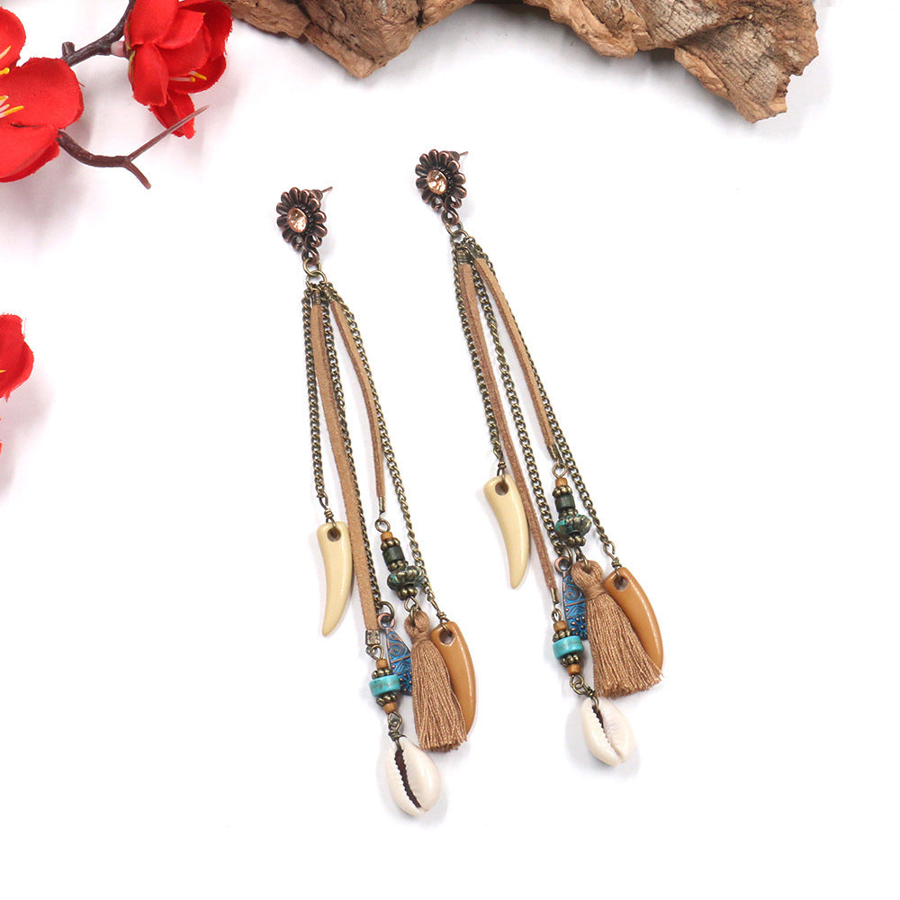 Earrings Bohemian Hair Long Tassel Shell Horn Sunflower Earrings