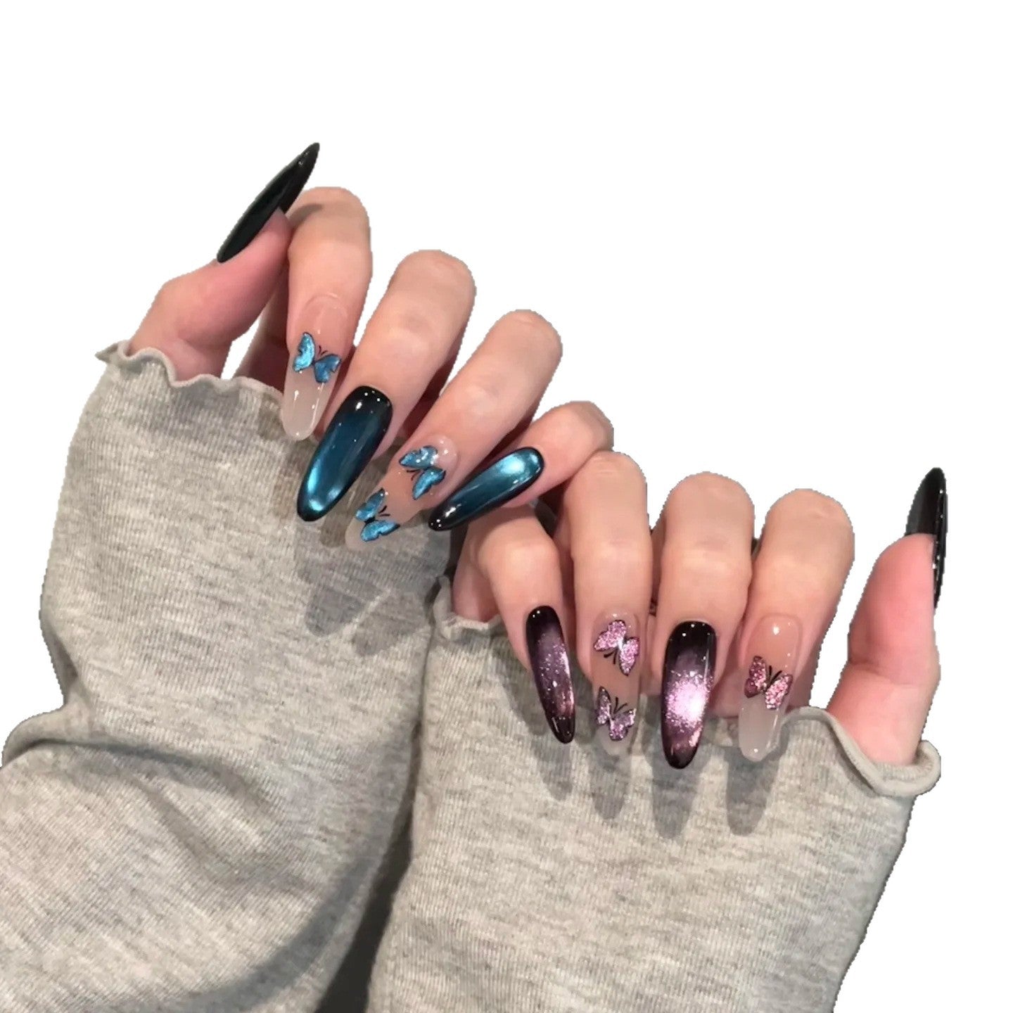 Dairison [Magic Butterfly] Wearable Nails Pure Handmade Advanced AB Glass Bead Cat Eye Dynamic Butterfly Nail Tips